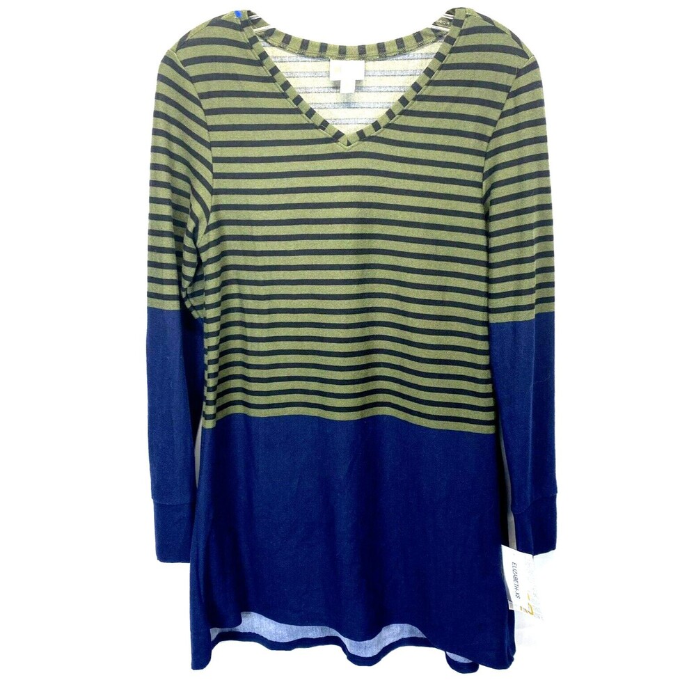 LULAROE WOMEN TOP XS ELIZABETH LONG SLEEVE BLUE/GREEN STRIPE/SOLID RN142161 NWT